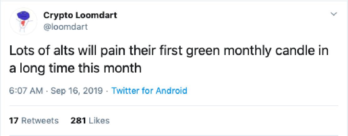 Crypto Loomdart tweetje az altcoinok árfolyamairól. 